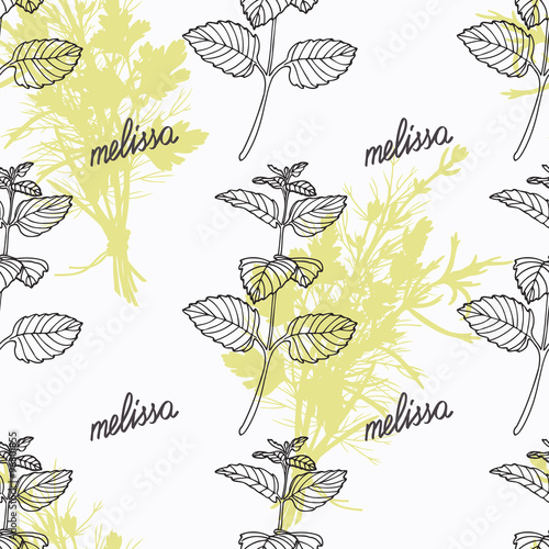 Hand drawn melissa branch and handwritten sign. Spicy herbs seamless pattern. Doodle kitchen background