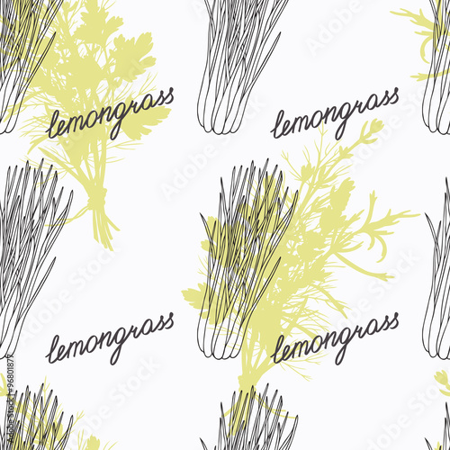 Hand drawn lemongrass branch and handwritten sign. Spicy herbs seamless pattern. Doodle kitchen background
