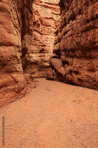 road with some grass in a valley of red sandstone