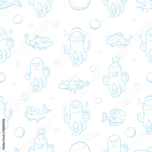 Vector seamless sea pattern with cartoon fishes and octopuses on  white  background.