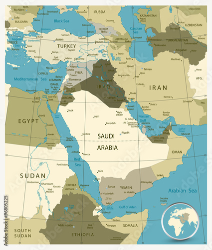 Map of Middle East and Asia. Military Colors