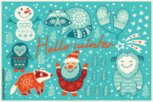 Hello winter card in cartoon style