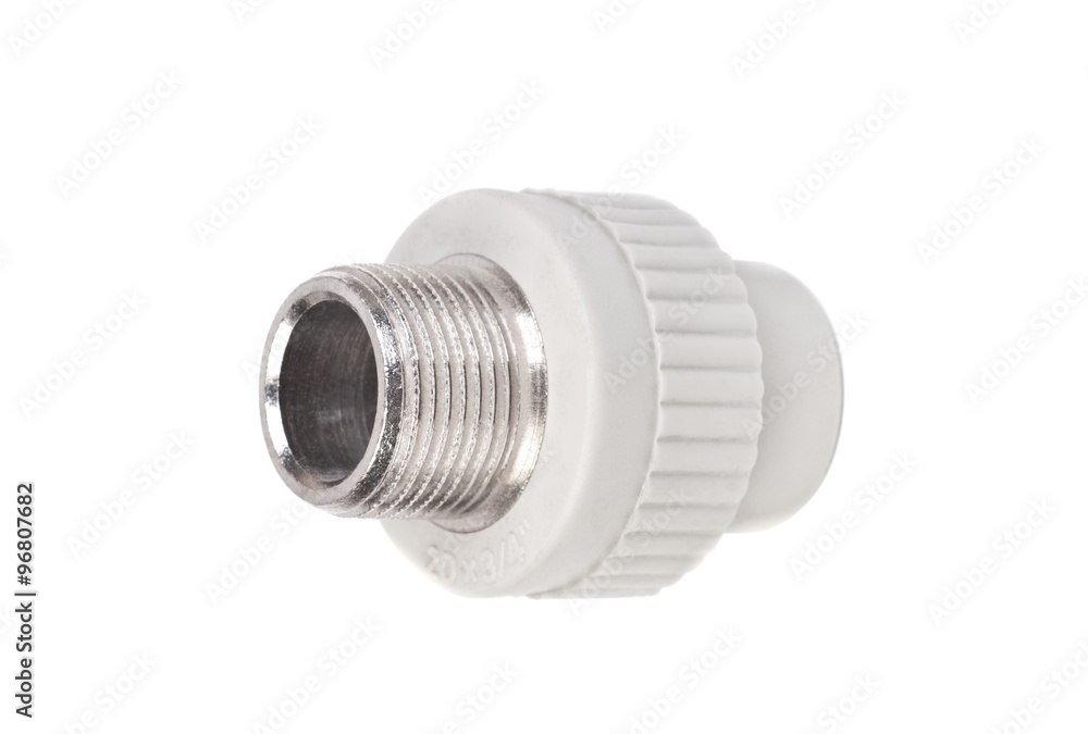 Fitting - PVC connection coupler to connect polypropylene tubes, isolated on a white Fitting - PVC connection coupler to connect polypropylene tubes, isolated on a white