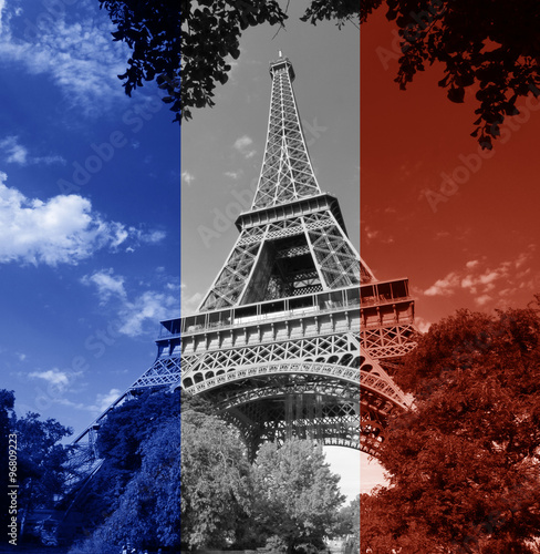 Fototapeta Naklejka Na Ścianę i Meble -  Paris Eiffel Tower french flag