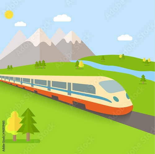 flat landscape with approaching train, river, trees. vector illustration