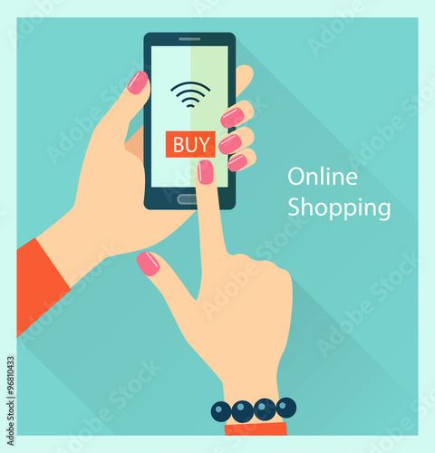 Online shopping and mobile payments concept. Human hand finger pressing buy button on a smartphone. Vector flat illustration