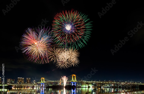 Tokyo firework at Tokyo bay and Rainbow bridge at night