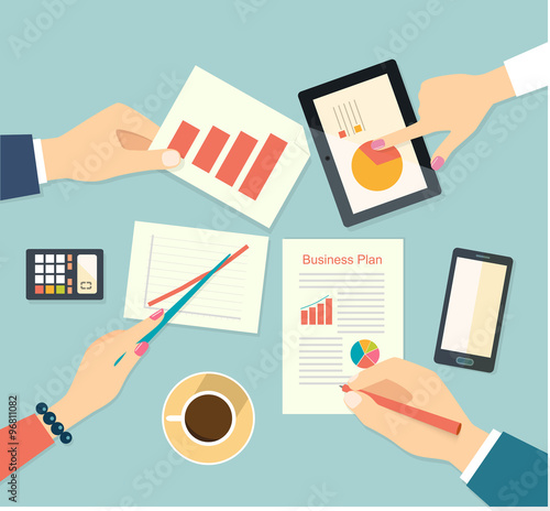 Businessman hands busy with paper and financial chart and business plan. Vector flat illustration
