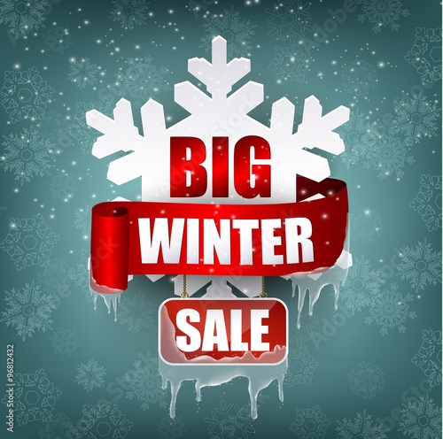 Winter sale background with red realistic ribbon banner and tree silhouette white