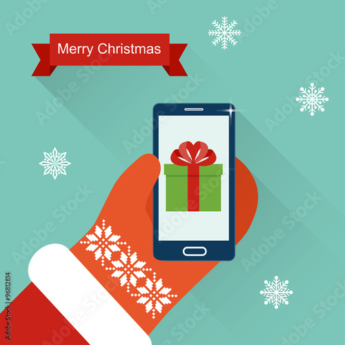 Merry Christmas Santa Claus Hands Hold Smartphone Card New Year Present Flat Vector Illustration