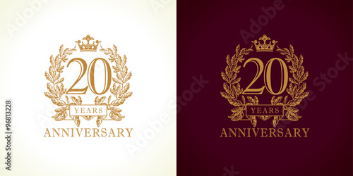 20 anniversary luxury logo. Template logo 20th royal anniversary with a frame in the form of laurel branches and the number 20.