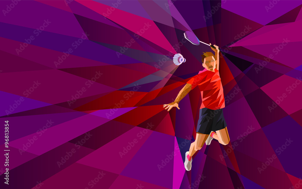 Polygonal professional badminton player on colorful low poly background  doing smash shot with space for flyer, poster, web, leaflet, magazine.  Vector illustration Stock Vector | Adobe Stock