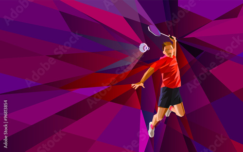 Polygonal professional badminton player on colorful low poly background doing smash shot with space for flyer, poster, web, leaflet, magazine. Vector illustration