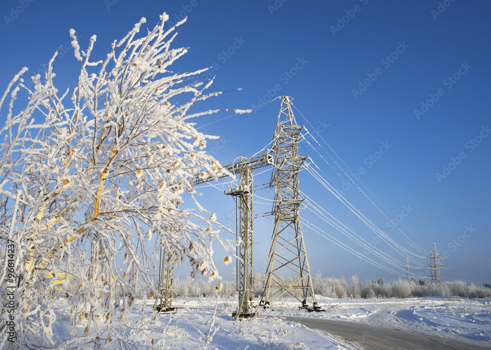 Power lines clear afternoon in frost outside the city. Power lines clear afternoon in frost outside the city.