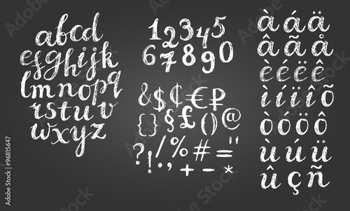 Chalk script font. Money signs, diactirics added.