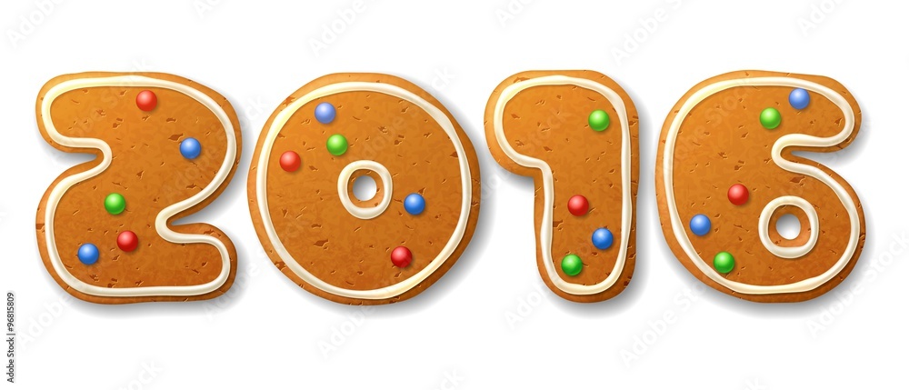 New Year, vector inscription 2016 in shape of Christmas gingerbreads, decorated colored icing, isolated on white New Year, vector inscription 2016 in shape of Christmas gingerbreads, decorated colored icing, isolated on white