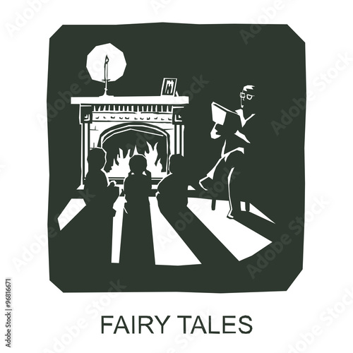 silhouette of children sit by the fireplace listening to a fairy tale