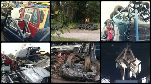 Parts of used car bodies and special equipment handle in metal scrap. Crane loading pressed metal. Junk industry. Montage of video clips collage. Split screen. Black round corner frame. Full HD 1080p photo