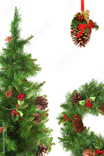 Christmas fir wreath, pine cones and Christmas tree
