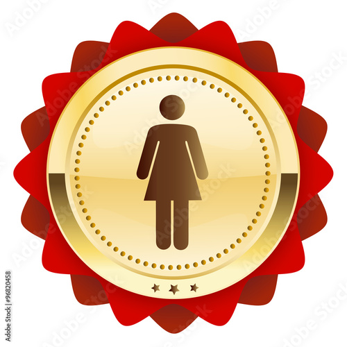 Restroom seal or icon with female symbol. Glossy golden seal or button.