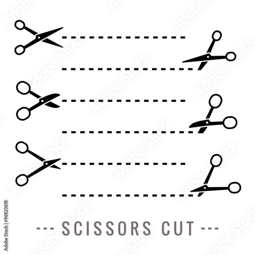 Scissors cut on the dotted line. Black scissors. Different scissors cutting vector set.