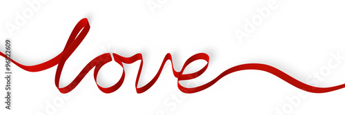 Red ribbon forming the word 'love', isolated on white