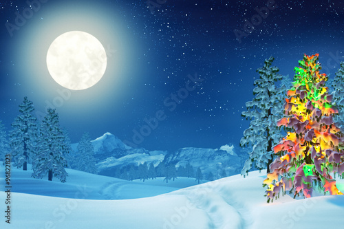 Christmas tree in moonlit winter landscape at night © sara_winter
