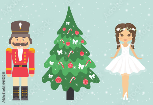 girl ballerina and nutcracker and fir-tree