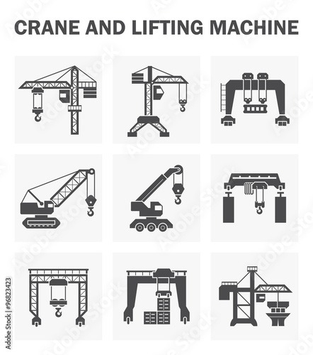 Crane vector icon and lifting equipment i.e. tower, gantry, crawler, mobile, overhead, container. For import export business and industry i.e. construction, shipping transportation and production.