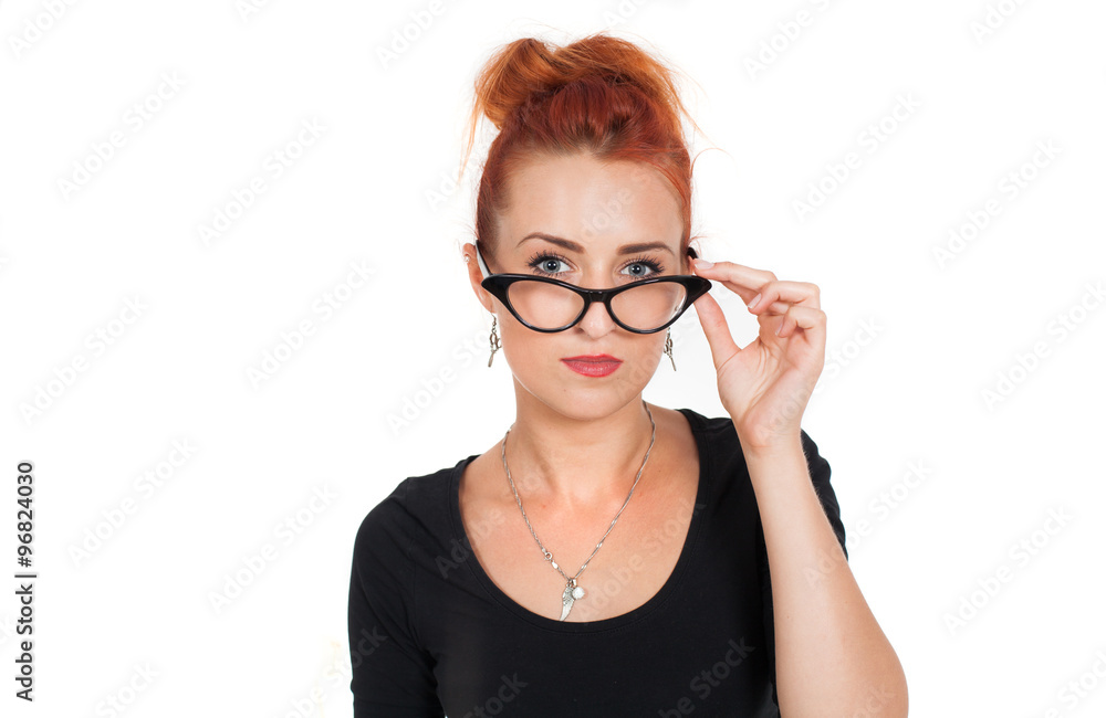 beautiful, strong, independent, red-haired woman in glasses beautiful, strong, independent, red-haired woman in glasses