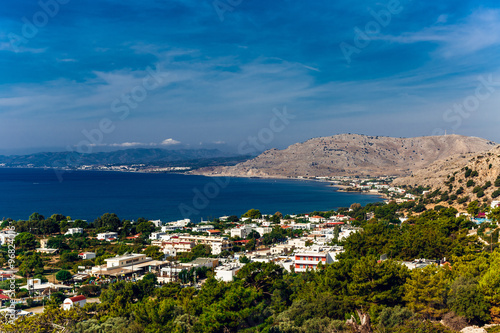 Greece, island Rhodes. Top view to the sea and village Pefkos