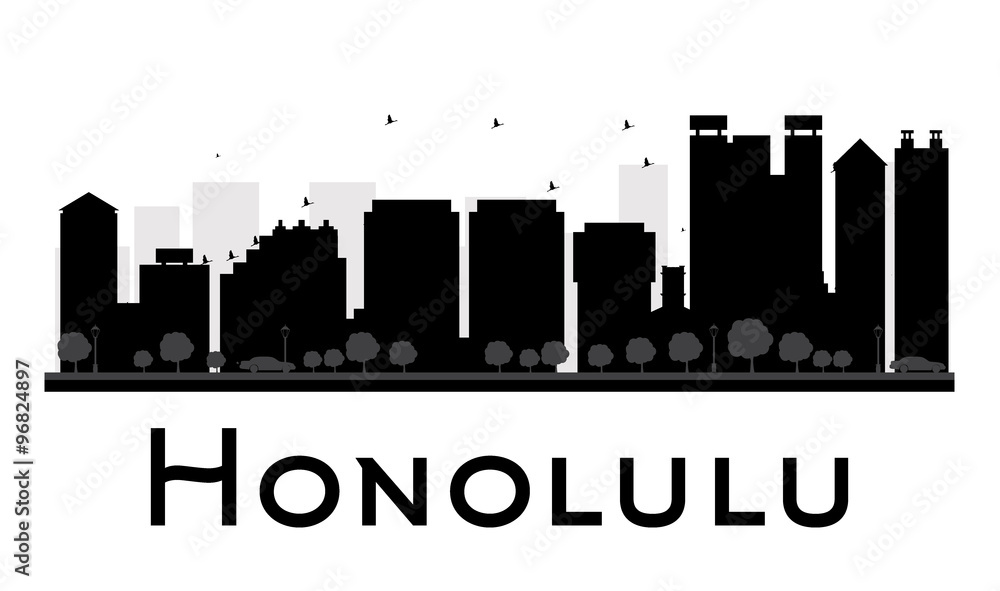Honolulu City skyline black and white silhouette. Some elements have transparency mode different from normal