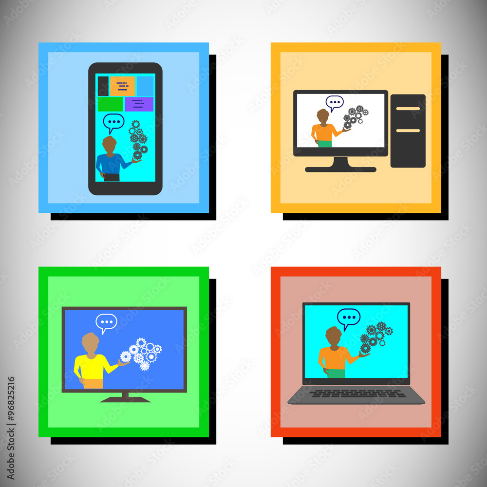 Concept of Online technology training, Vector icon set, This also represents online education promotion, digitization, digital literacy, technology trends, mobile applications Concept of Online technology training, Vector icon set, This also represents online education promotion, digitization, digital literacy, technology trends, mobile applications
