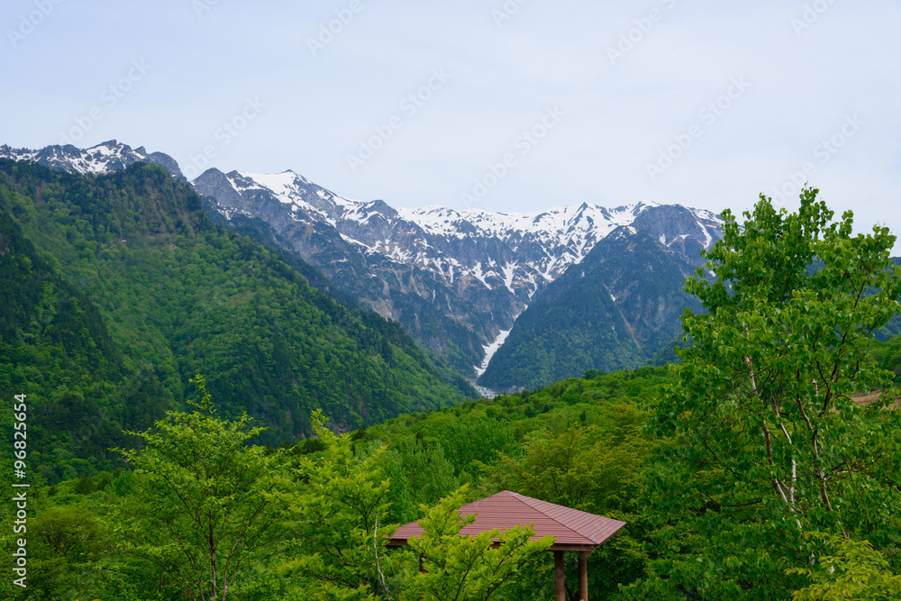 Nabehira Highlands and the Hotaka Mountains in Shin-hotaka, Gifu, Japan Nabehira Highlands and the Hotaka Mountains in Shin-hotaka, Gifu, Japan