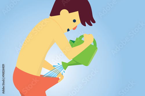Young man watering the male organ in a shorts for he has a sexual organ large scale. Concept about sexual organ care to a large.