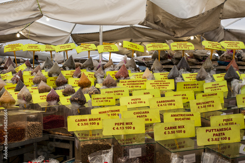 the bench of spices and sauces/Campo de Fiori Market