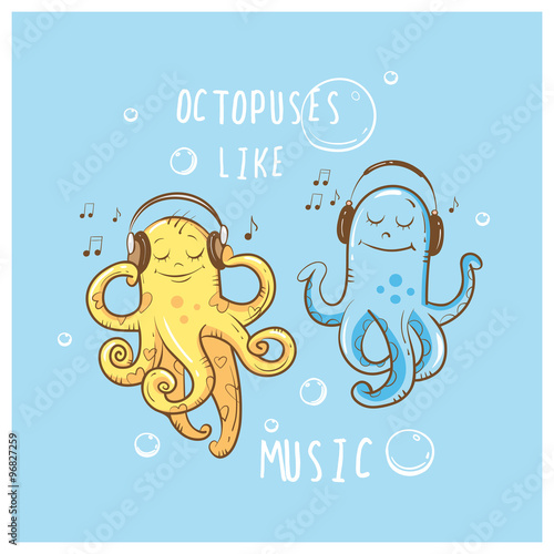 Children's vector card with the octopuses listening to music in earphones.