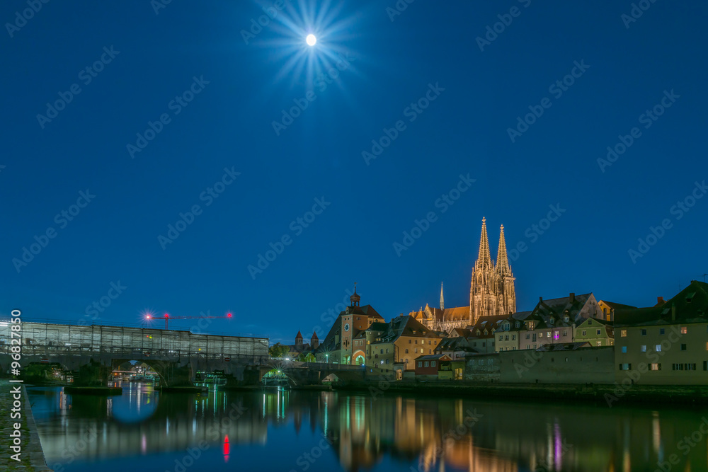 Regensburg Stone Bridgh with Dom St. Peter at a full moon night