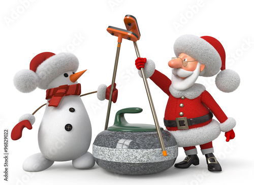 Santa Claus and snowman plays curling