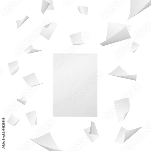 White blank sheets of paper with bent corners flying away
