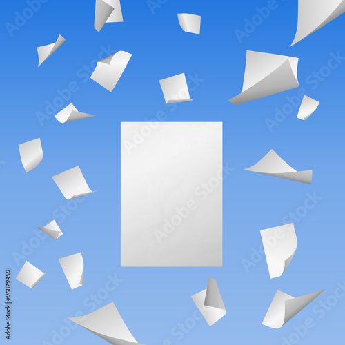 Flying white blank sheets of paper with bent corners
