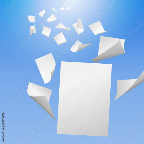 White blank sheets of paper with bent corners flying away into the blue sky