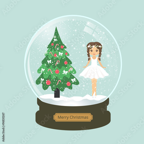 girl ballerina snow globe and fir-tree