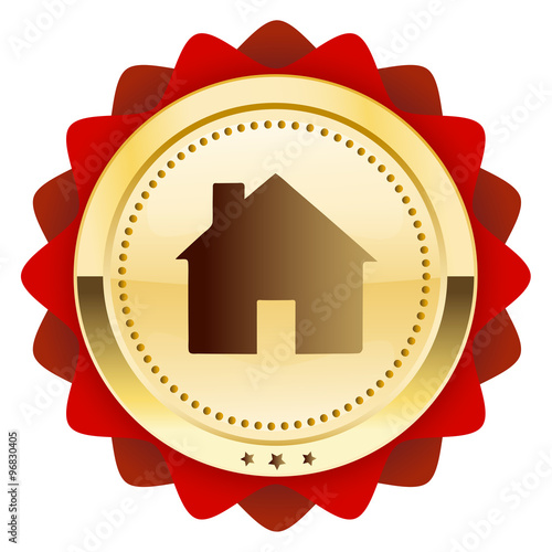 Real estate seal or icon with house symbol. Glossy golden seal or button with red color.