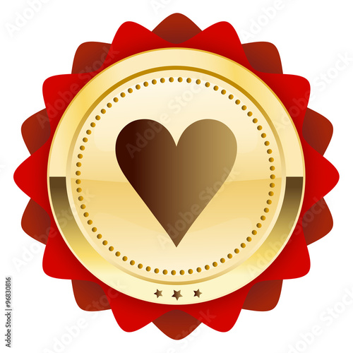 made with love seal or icon with heart symbol. Glossy golden seal or button with red color.