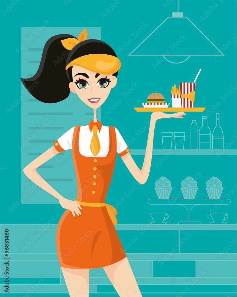 Fototapeta Kelnerka serwuje hamburgery, frytki i colę w restauracji typu fast food