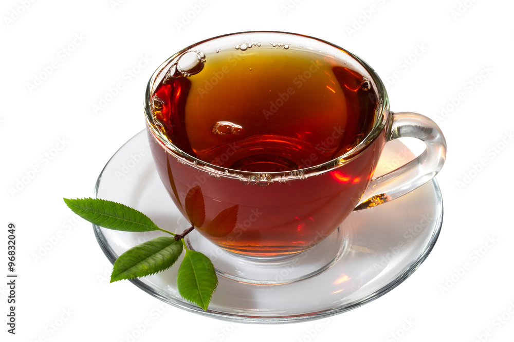 Cup tea and green leaf on white Cup tea and green leaf on white