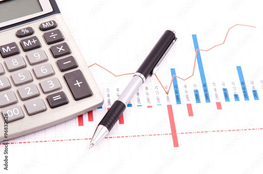 Chart, calculator and pen Chart, calculator and pen