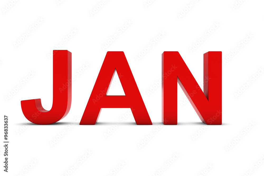 JAN Red 3D Text - January Month Abbreviation on White