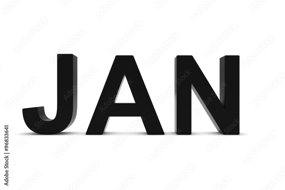 JAN Black 3D Text - January Month Abbreviation on White JAN Black 3D Text - January Month Abbreviation on White